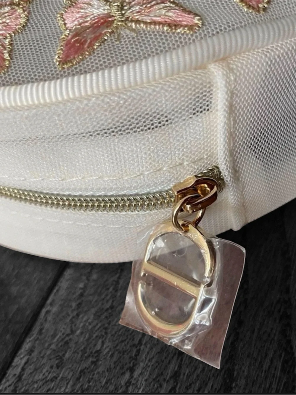 Dior Round Embroidered Butterfly Coin Case in Pink & Cream with Gold Accent
